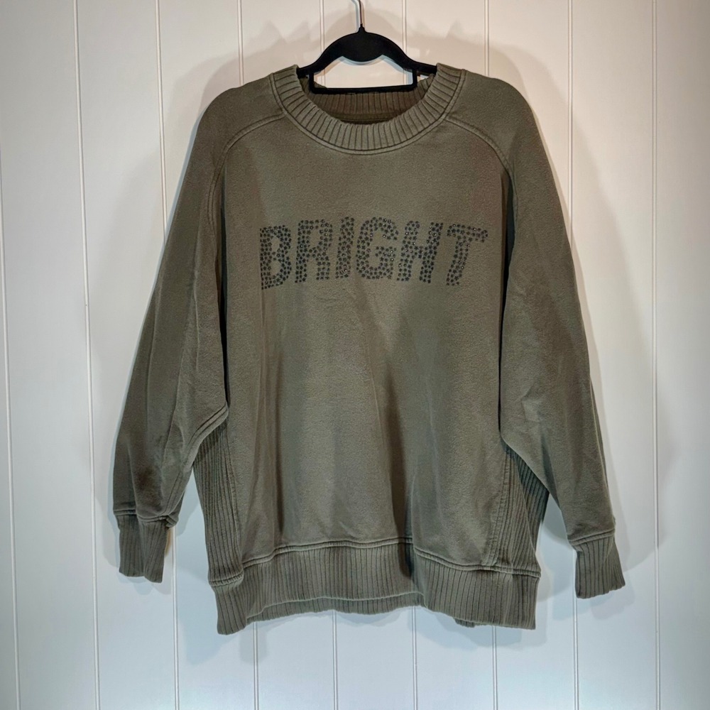 Aerie Oversized Studded Bright Graphic Sweatshirt Olive Green Large L